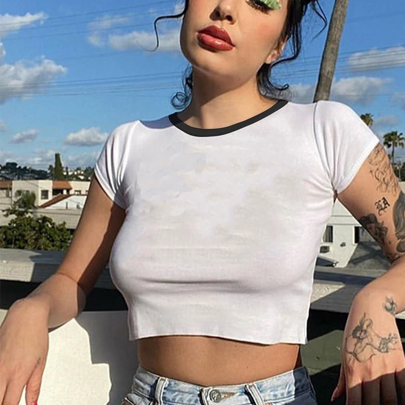 Sexy Y2k Aesthetic Women Short Sleeve O-neck Crop Top Baby Slim Tee White Black Brown Harajuku Female Simple All-match T-shirts