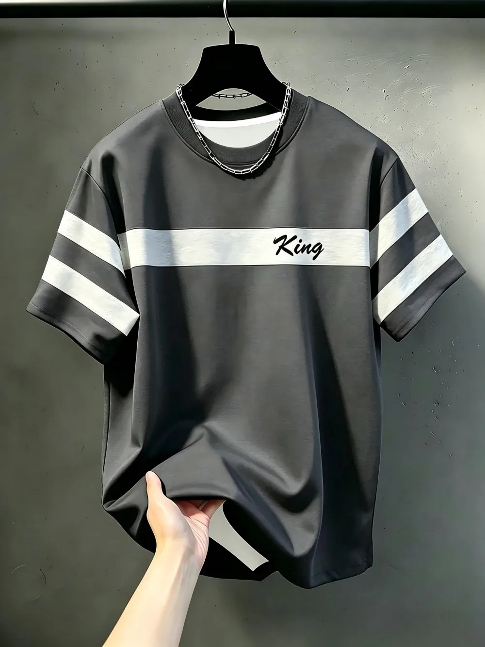 American Men's Summer King Letter Stripe Print Comfortable and Breathable Round Neck T-Shirt Outdoor Daily Casual Top