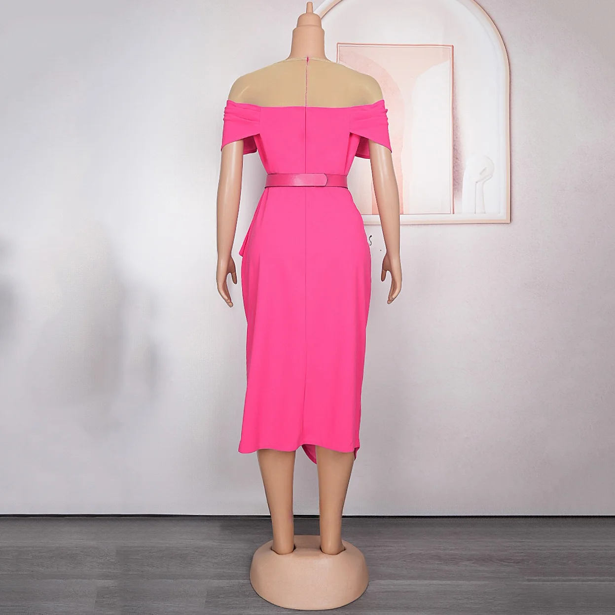 Elegant African Bodycon Dresses for Women O Neck Short Sleeve Beaded Side Split Business Work Dress Midi Female Cloth Customized