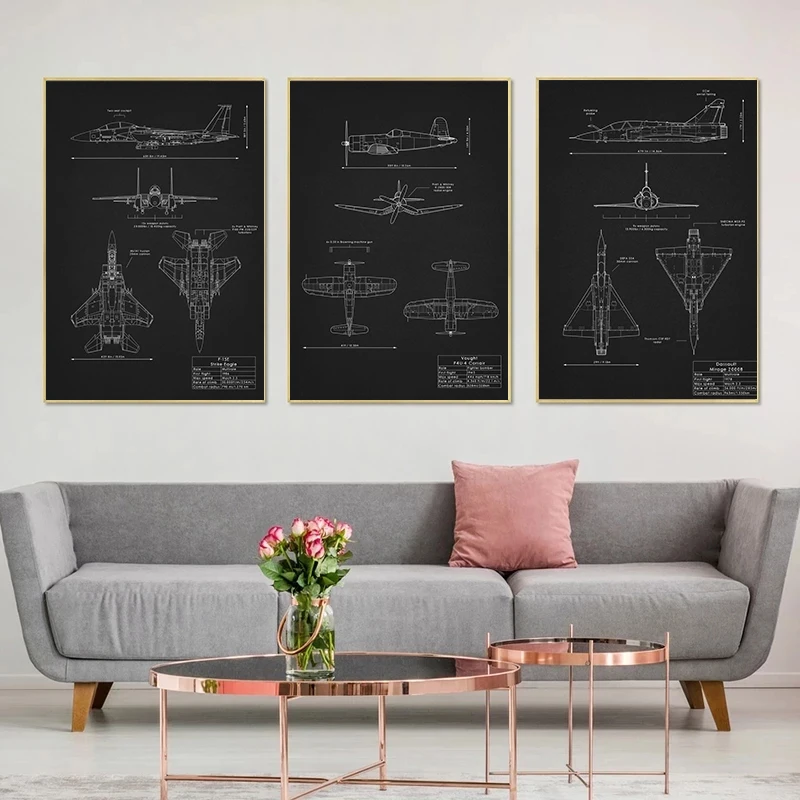 أبيض وأسود طائرة مخطط ملصق ، الحديثة قماش اللوحة ، طائرة مخطط ، الطيران الجدار ، ديكور المنزل ، الطيار هدية #3