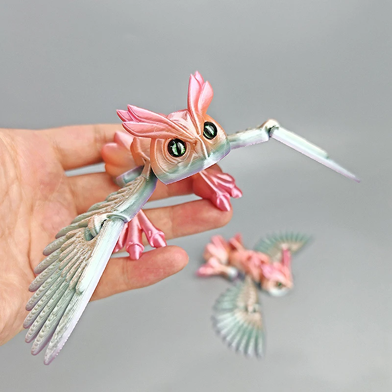 3Dプリントのフクロウボタン、羽を振る、手作り、子供のおもちゃ、卓上装飾、関節可動、漫画風シミュレーション動物フィギュア