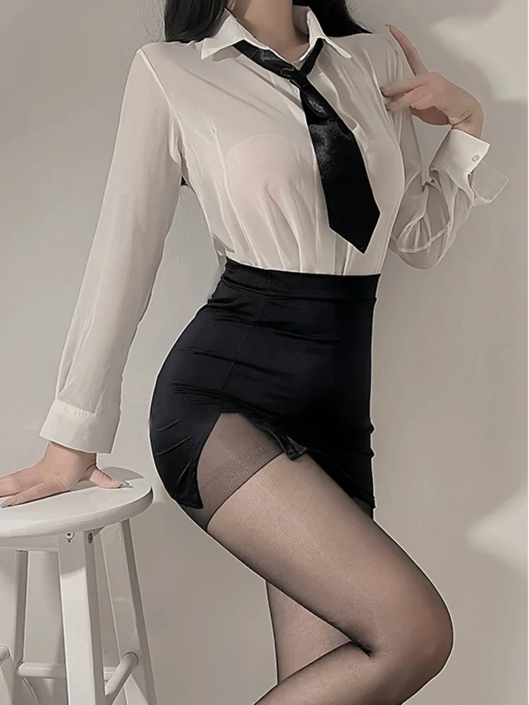 2023 New Sexy Secretary Tight Slim Hip Mini Skirt Silk Uniform Cosplay Temptation Suit Female White OL Shirt Blouse Tops Y8QU