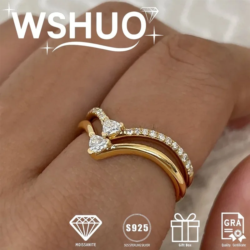 

3*3mm Moissanite V Shaped Engagement Ring for Women 925 Silver 100% Plated 18K Gold Single Diamond Stackable Ring Set Colorfast