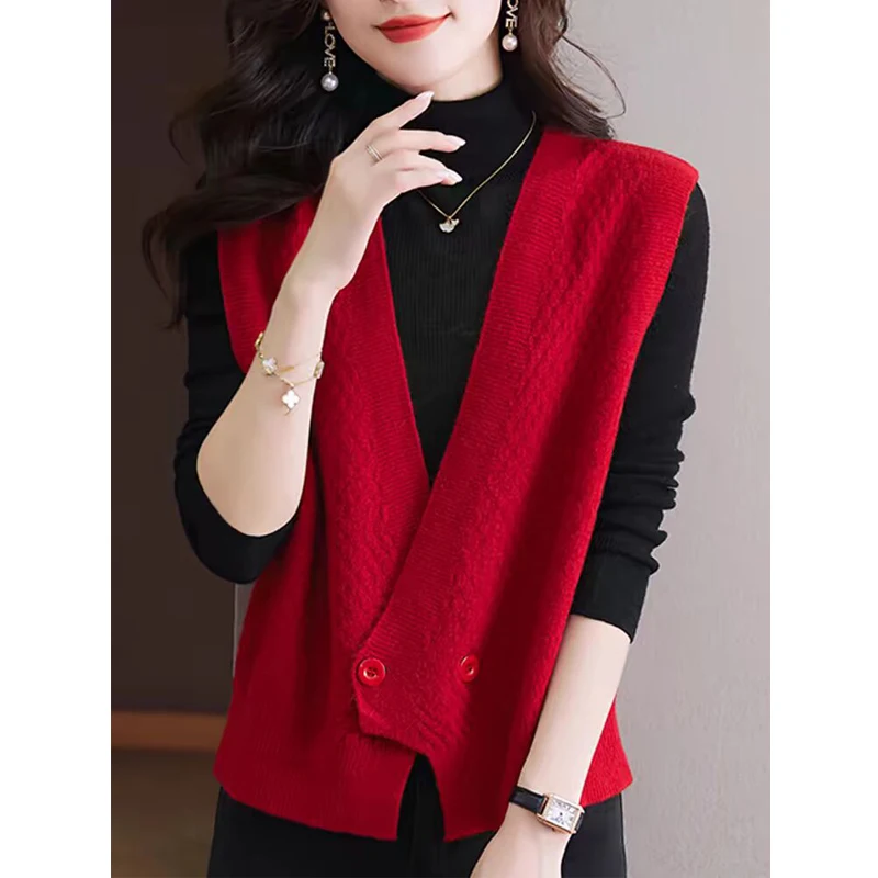 Women Korean Fashion Button Sleeveless Knitted Cardigan Simple Casual V Neck Irregular Sweater Vest Female Solid Loose Waistcoat