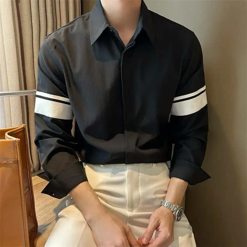 Spring Autumn New Fashion Turn-down Collar Long Sleeve Color Blocking Blouse Men's Clothing Loose Casual Simplicity Chic Shirts