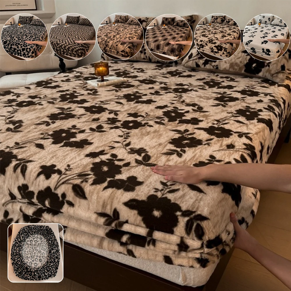 1PC Leopard Print Fitted Sheet Elastic Warm Plush Mattress Cover 360 Band Bed Sheet for Single Double King Queen Bed Drap Housse