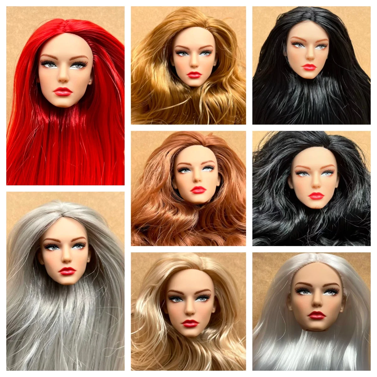 Beige Skin DC Supermodel Doll Head  Colorful Long Hair Doll Heads DIY Dressing Doll Figure Parts