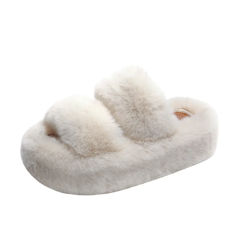 

New Double Belt Thick Sole Heightening Comfortable Outer Wear Fluffy Slippers Piled Thickened Warm Casual Indoor Women's Shoes