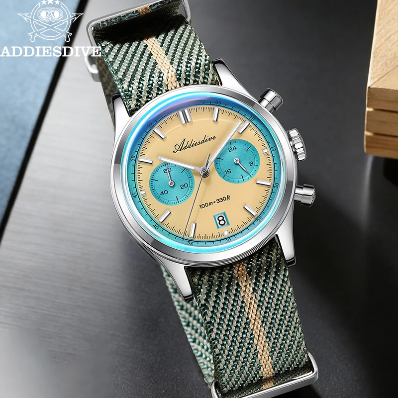 

ADDIESDIVE NEW AD2542 Luxury Men Quartz Chronograph Watch Japanese 0S21 24H Dial Bubble Dome Glass Nylon Strap 100M Waterproof