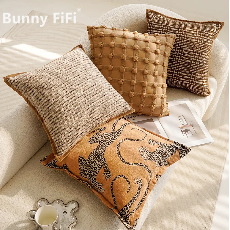 Leopard Pattern Series Plaid Striped Cushion Covers Chenille Jacquard Embroidery Decorative Throw Pillow Case For Sofa Bed Decor