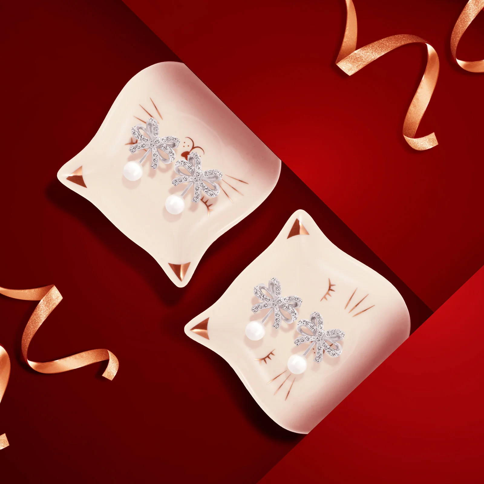 

2Pcs Ceramic Jewelry Organizer Tray Cat Design Stylish Storage for Rings Earrings Necklace Lipstick and Small Debris