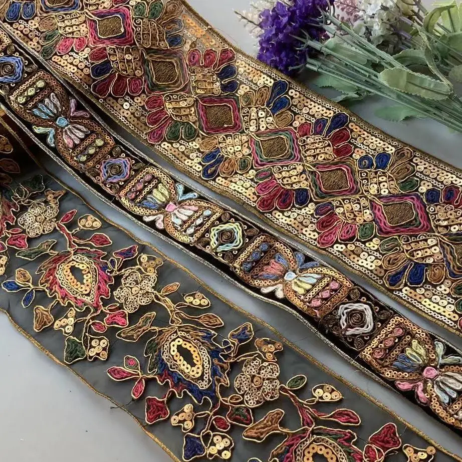 1 jard Retro złote cekiny koronkowe wykończenia taśma haftowane koronkowe wstążki tkanina na sukienkę do tańca torba DIY akcesoria do szycia HOP