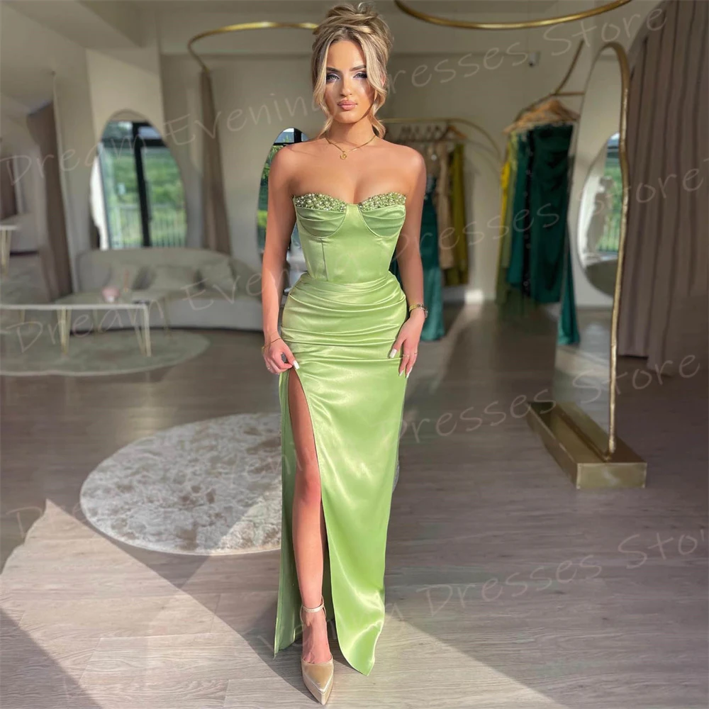 Elegant Green Mermaid Modern Women's Evening Dresses Charming Strapless Sleeveless Prom Gowns High Side Split Vestido De Noche