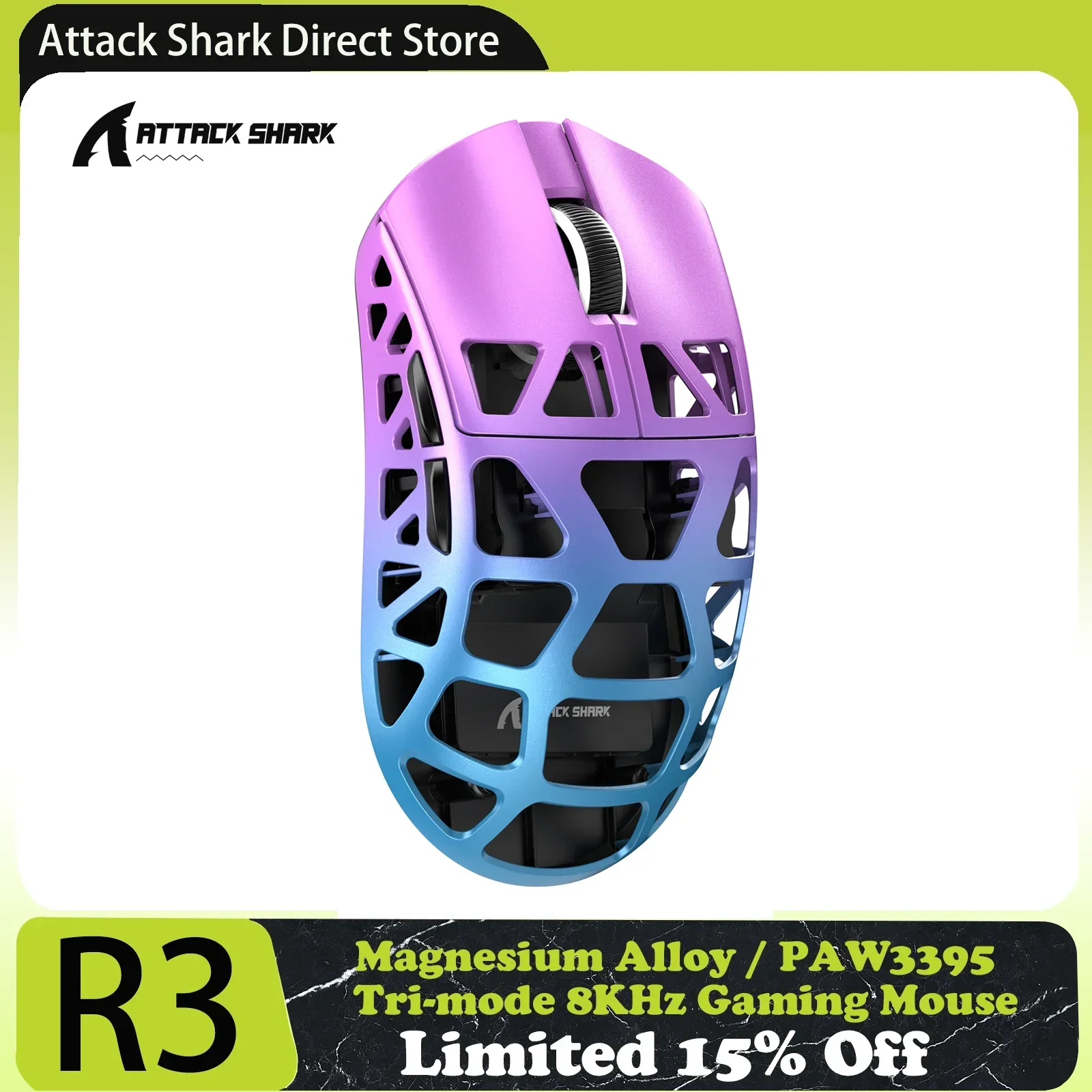 Attack Shark R3 8KHz Magnesium Alloy Mouse, PixArt PAW3395 Sensor, up to 26000 DPI, 2.4G/BT/Wired, 46g superlight, for PC/Mac