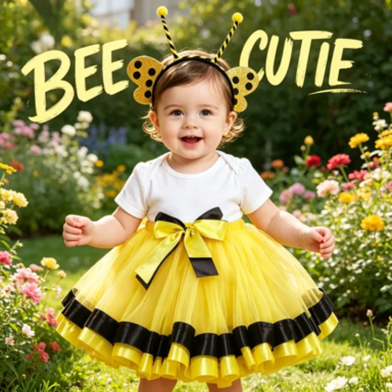 

Kids Bee Printed Costume Set with Headpiece, Girls Double-Layer Tulle Skirt, Halloween Animal Themed Party & Fancy Dress Outfit