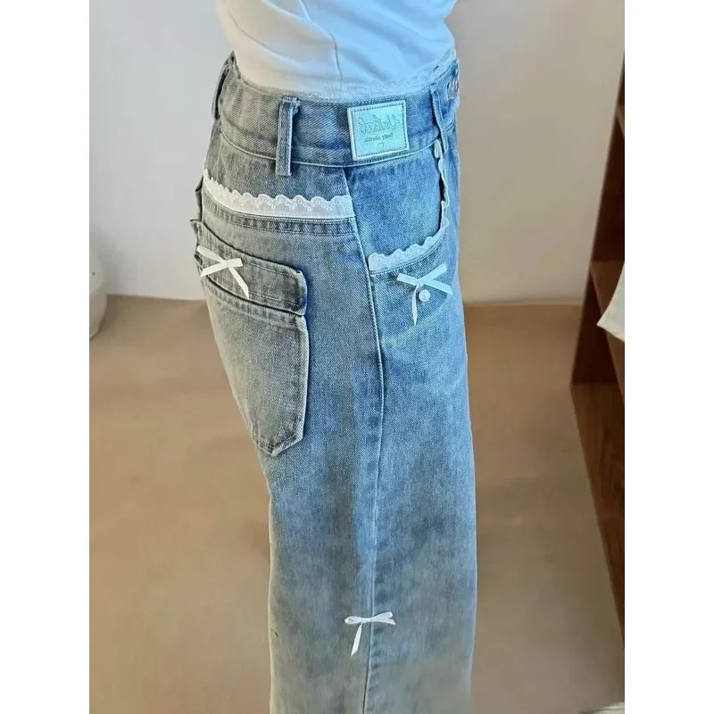 Deeptown Vintage Süße Bogen Jeans Frauen Spitze Y2k Harajuku Koreanische Mode Denim Hosen Baggy Breite Bein Weibliche Hose Herbst Casual