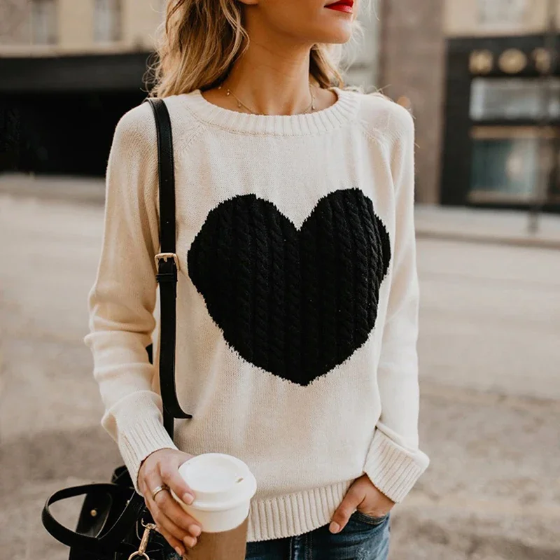 Women O-neck Knitted Sweaters Heart Cute Long Sleeve Pullover Autumn Winter Female Casual Patchwork Pullovers Knitting Sweater