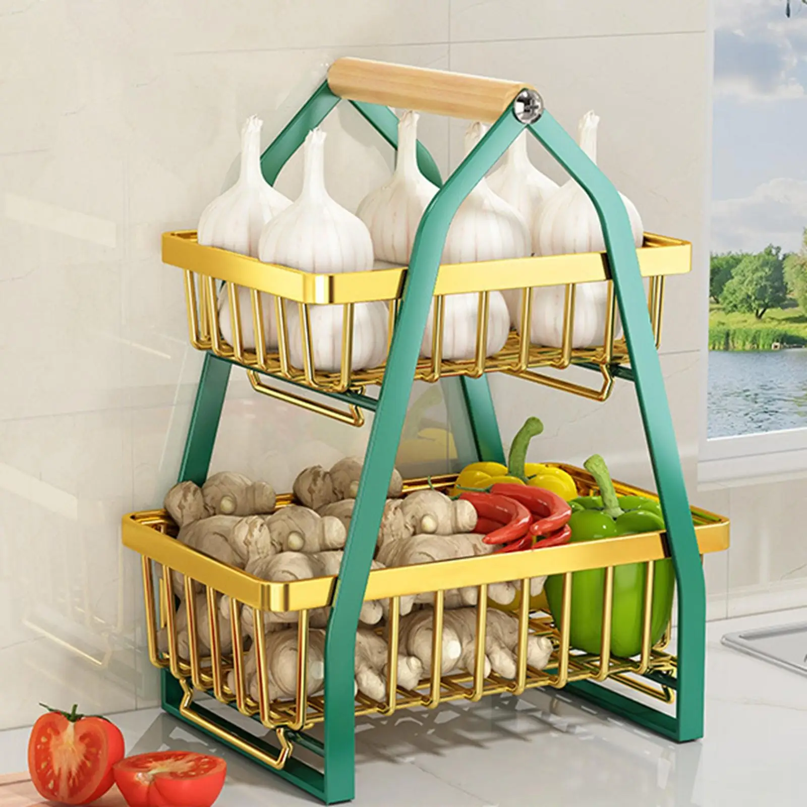 Multifunctional Fruit Basket, with Wooden Handle Save Holder Storage Bowl for kitchen and office Vegetable