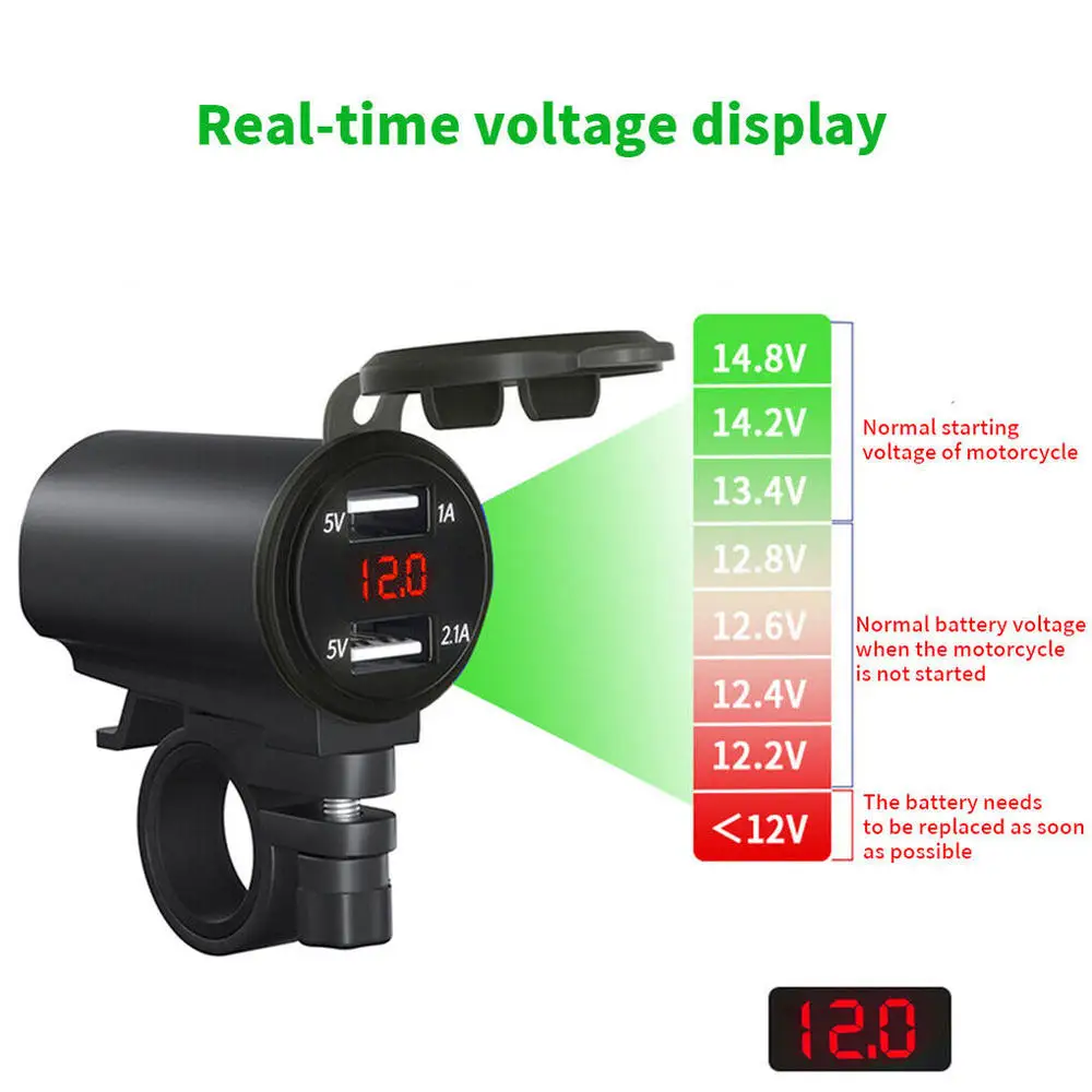 شاحن USB للدراجة النارية ، 3.1A شحن سريع ، منفذ مزدوج ، محول طاقة سريع ، مقبس مع مقياس الجهد ، يصلح للسيارة ، قارب ، البحرية