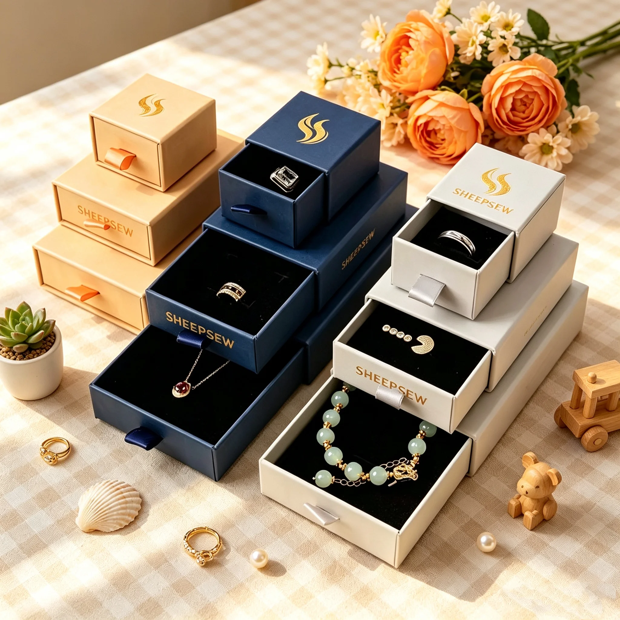 50pcs Sheepsew Custom Logo Sliding Drawer Jewelry Boxes Cardboard Packaging Gift Small Box for Rings Earrings Necklace Bracelet