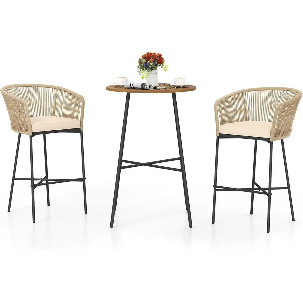 

3-Piece Woven Patio Bar Set with Cushions and Acacia Wood Top, Ideal for Outdoor, Garden, and Backyard