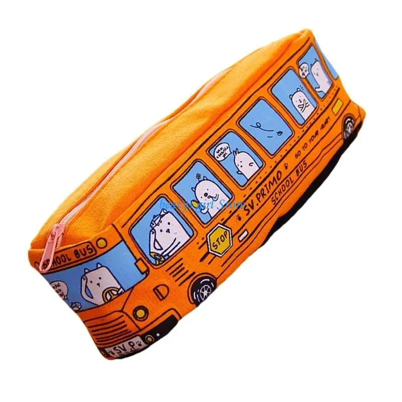 C7AB Cartoon Bus Pencil Case Big Capacity Canvas Pen Bag Multifunctional Pen Holder