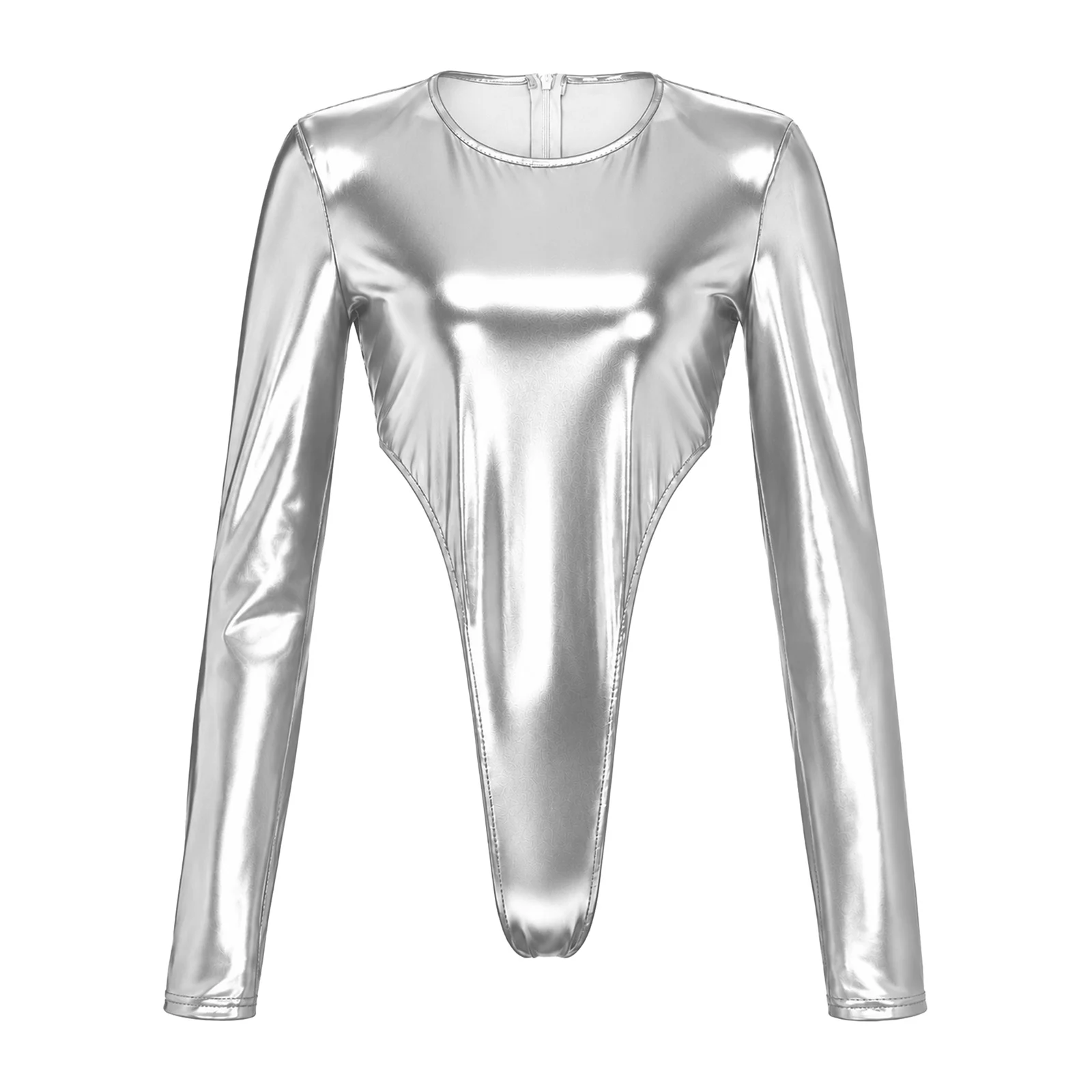 Womens Metallic Bodysuit Long Sleeves Back Invisible Zipper High Waist Leotard for Stage Performance Night Club Festival Party