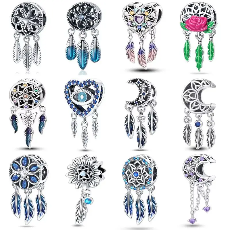 

Charms Fit 3mm Original Bracelet Sterling s925 Silver Feather Dreamcatcher Tassel Charms DIY Jewelry Making