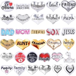 20Pcs Alloy Heart Family Dad Mom Mum Grandkids Floating Charms Nana Son Pendant For Glass Relicario Locket Necklaces Jewelry