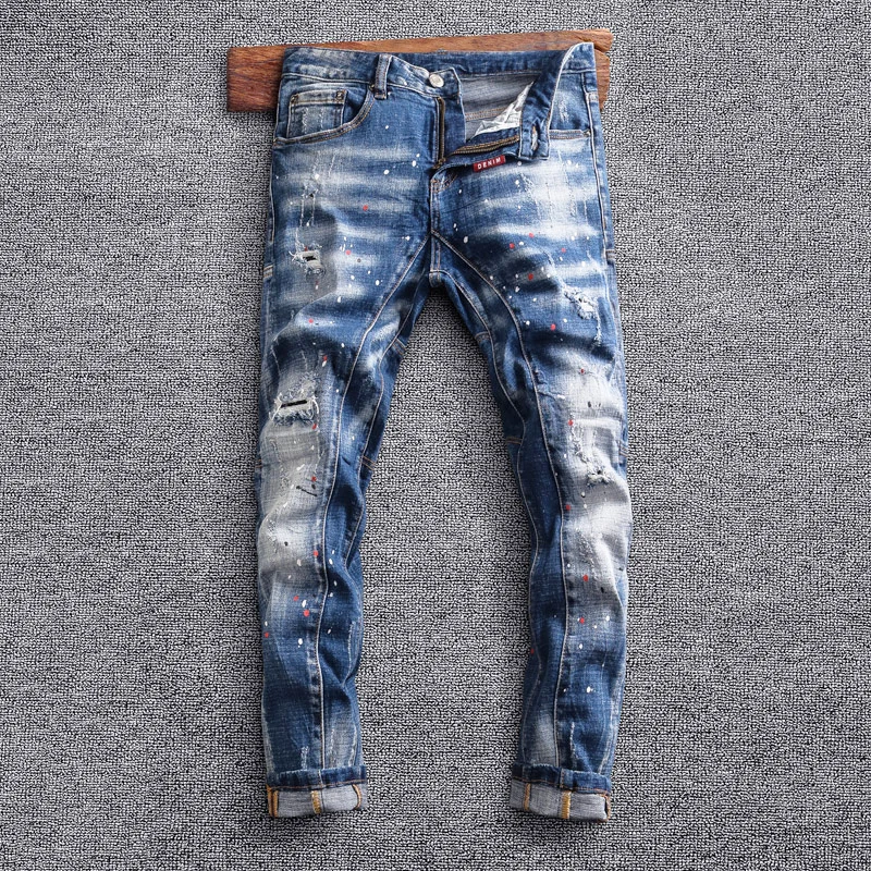 

Street Fashion Men Jeans Retro Washed Blue Stretch Slim Fit Ripped Jeans Men Spliced Designer Hip Hop Vintage Denim Pants Hombre