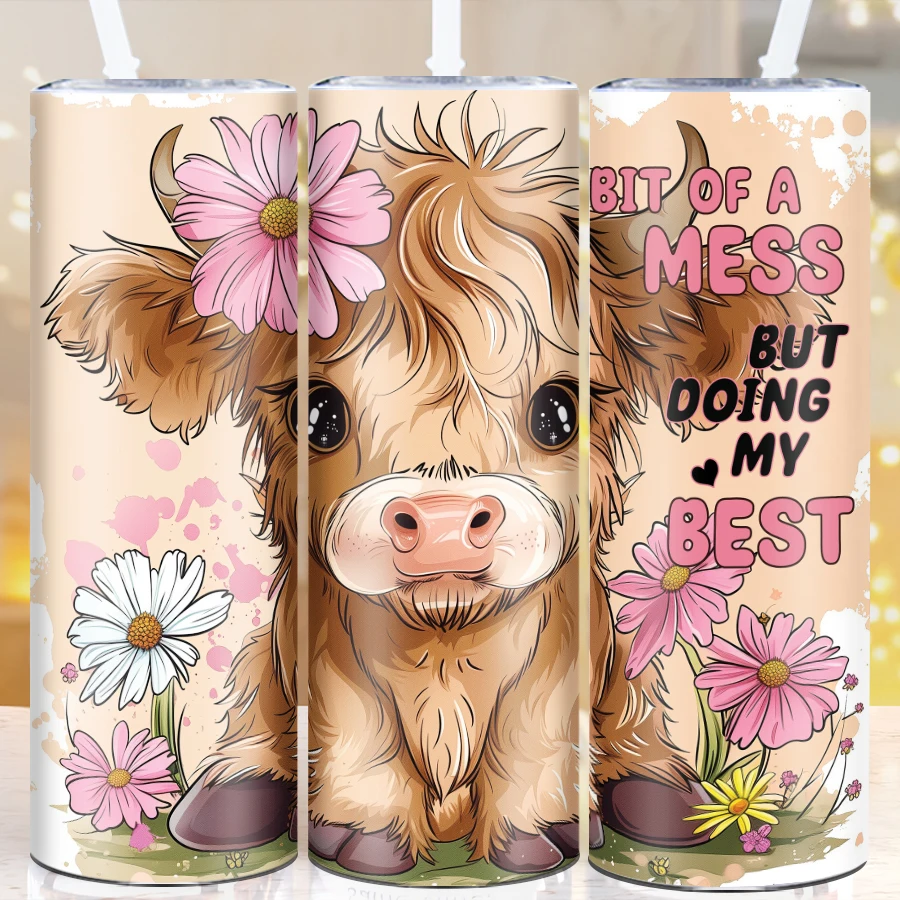 1Pc 20oz Christmas Travel Coffee Mug Stainless Steel Portable Insulated Straight Mugs 3D Print Cow Cups Party Scene Tumblers