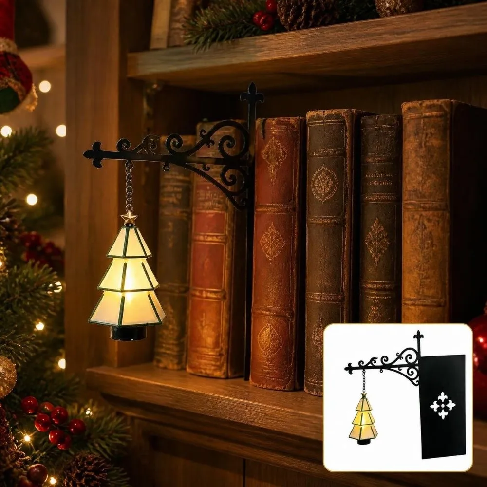 Creative Christmas Bookshelf Lamp Retro Iron Art Hanging Xmas Tree Light Warm Light Cartoon LED Library Lantern Office Use