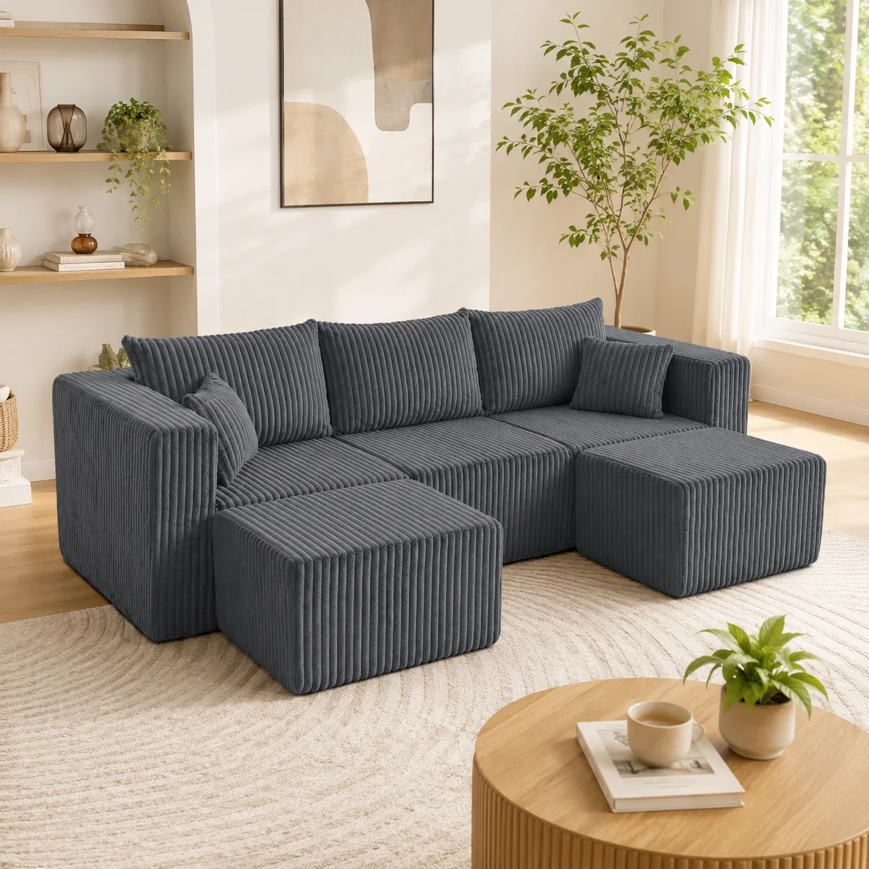 Minimalist Modular Sectional Sofa Set, Corduroy U‑Shaped Free Combination Sofa, No Assembly Required, Soft Plush Couch for Living Room Apartment Bedroom