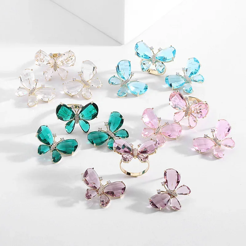 

High-end design sense, elegant and versatile earrings, trendy crystal zircon butterfly open ring stud set