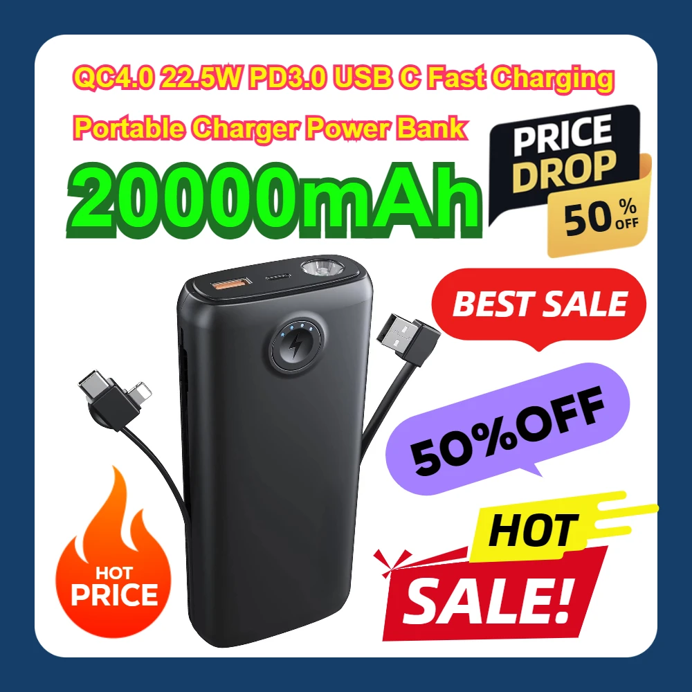 

QC4.0 22.5W PD3.0 USB C Fast Charging Portable Charger Power Bank 20000mAh