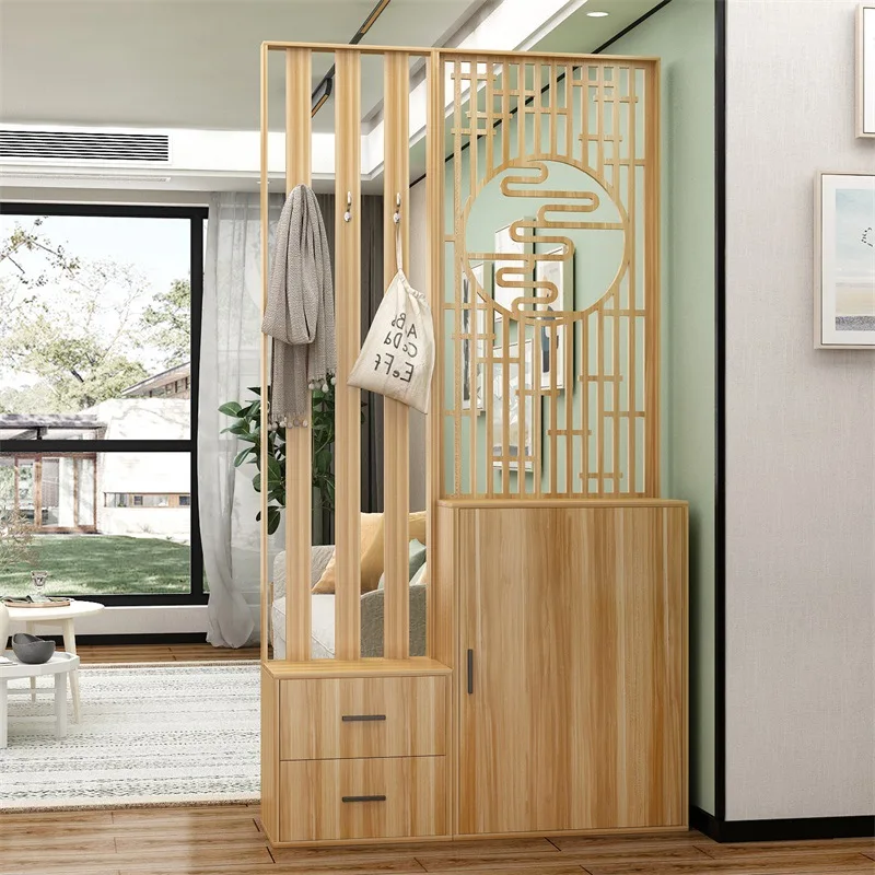 New Chinese-style living room solid wood screen partition enters the door, log-colored entrance cabinet, shoe cabinet, seat