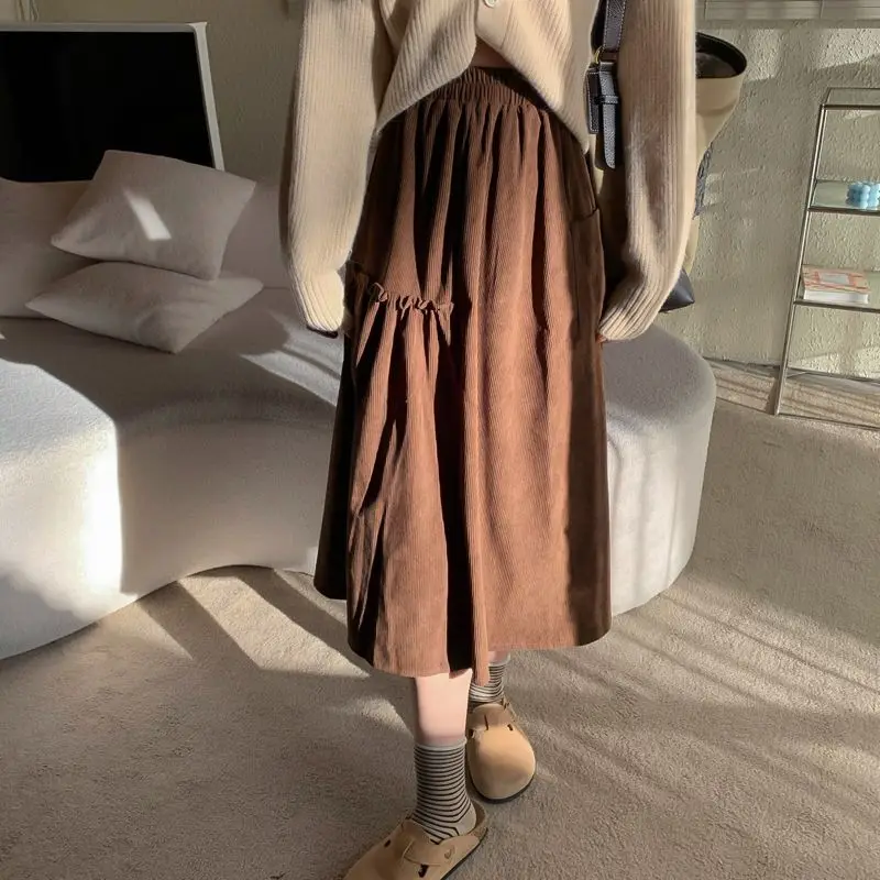 

Vintage Corduroy Long Skirt Women Autumn Winter 2023 Cute High Waist Asymmetrical Patchwork Loose A-line Midi Skirt