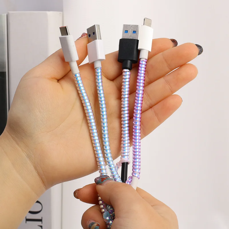 140CM láser colorido TPU espiral cargador USB Cable Protector cubierta envoltura Cable enrollador para Iphone Samsung organizador de cables de datos