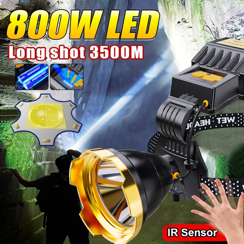 9900LM Super Powerful Headlamp 800W LED IR Sensor Headlight Rechargeable Head Flashlight 3500 Meter Head Lamp Fishing Lantern