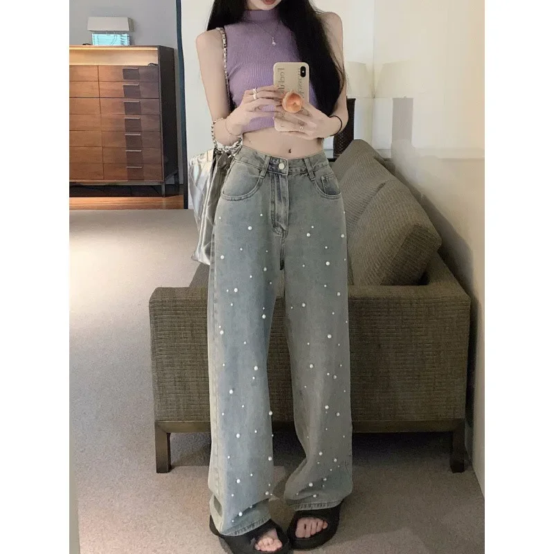 Retro Pearl Jeans with High Waist and Wide Legs Women's Early Autumn New Straight Pants Loose and Slim Long Pants women jeans