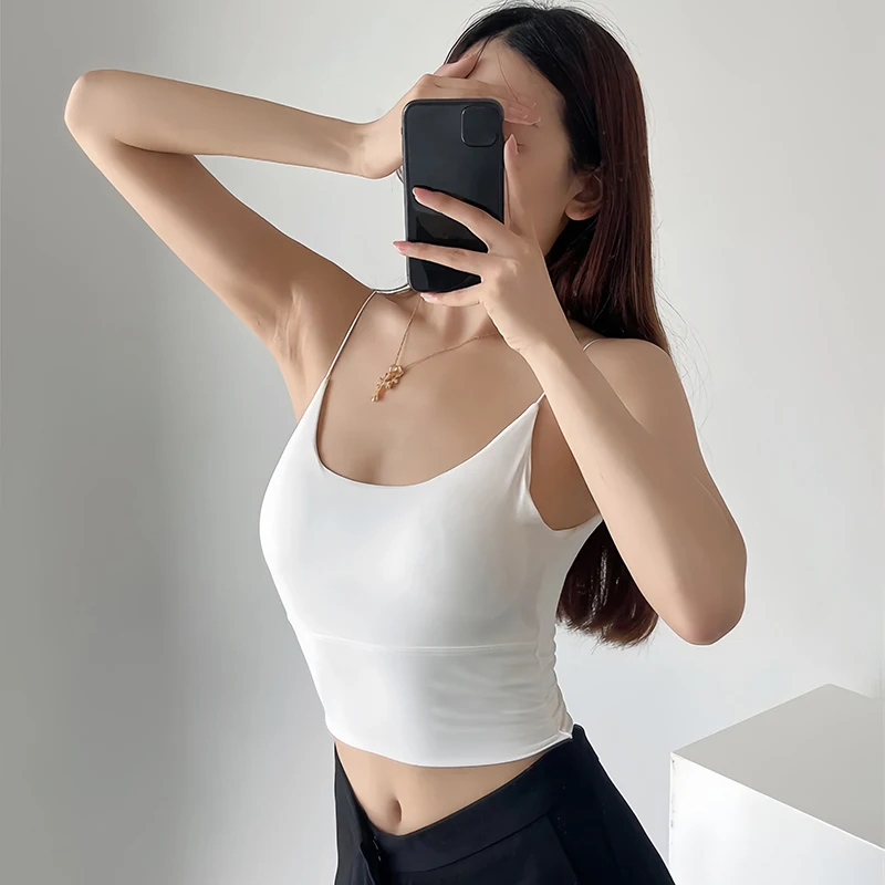 Women Crop Tops Sexy Summer Solid Color Camisole Ice Silk Tube Top Seamless Skinny Sports Tank Top Wireless Underwear Bra Bralet