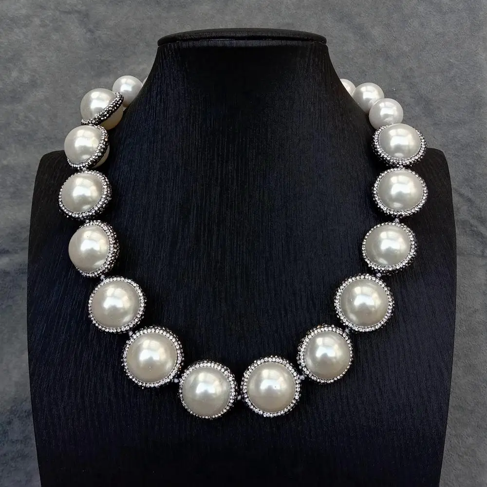 Y.YING Big Statement Necklace White Sea Shell Pearl Black Crystal Pave Women Jewelry