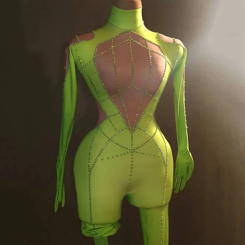 Traje de Drag Queen, mono blanco y verde con diamantes de imitación, guantes, disfraz de baile Gogo Sexy, club nocturno de Halloween Ds Dj, ropa Rave para escenario 7648