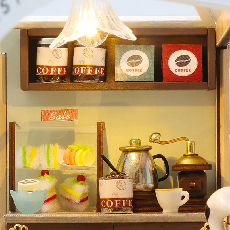 Cat Cafe Wooden Mini Doll House 3D Puzzle Assembly Building Model Kit DIY Miniature Small House Toys Home With Furniture Lights