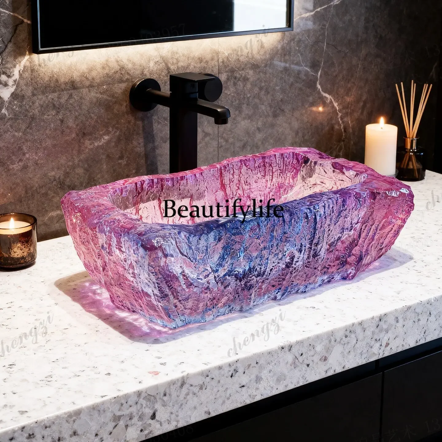 A17 High-end customized wash basin, transparent resin blue crystal, table basin, hotel clubhouse ktv face wash single basin