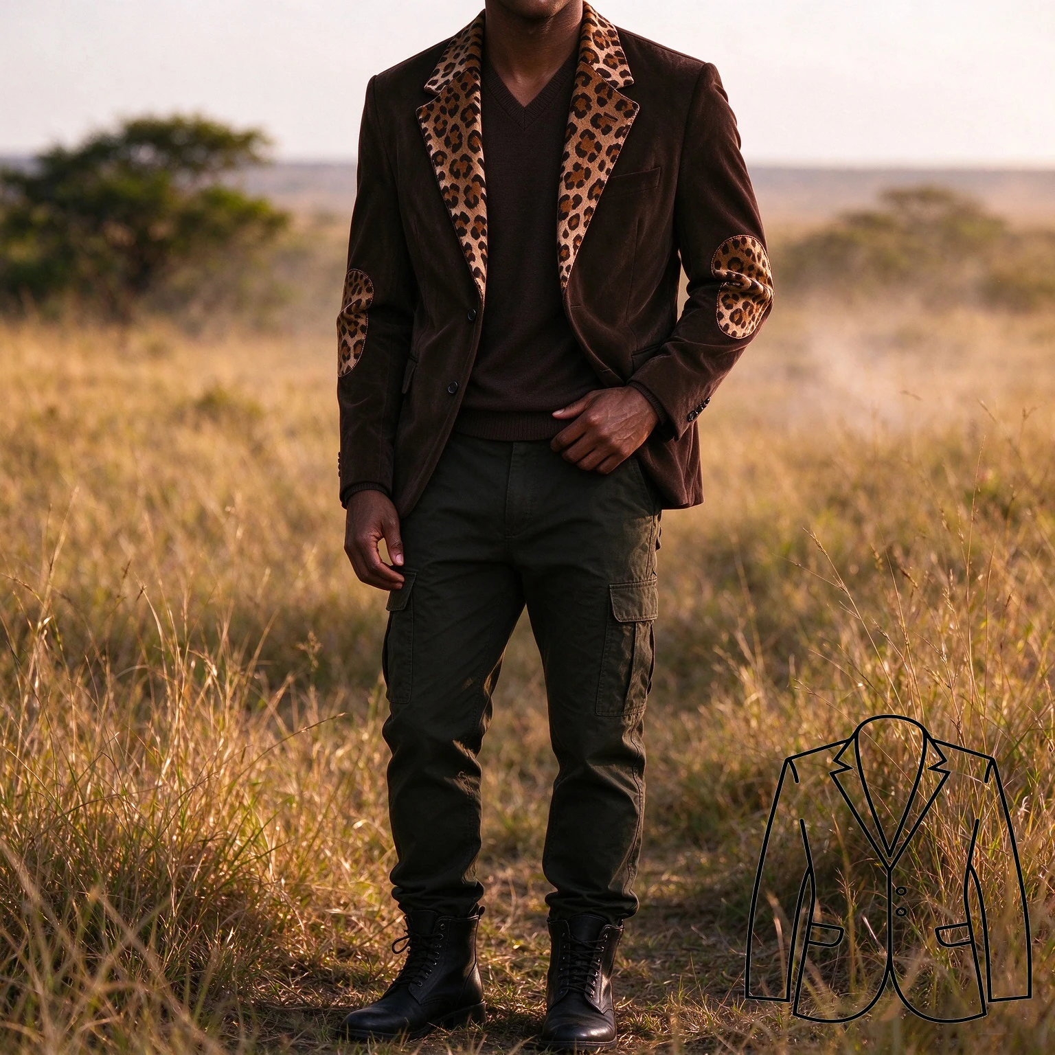  Mens Velvet Blazer Leopard Print Splice Lapel Elbow Single Breasted Brown Suede Jacket Casual Fashion Daily Coat Wedding Party