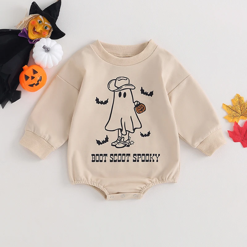 

Newobrn Baby Girl Boy Halloween Outfit Long Sleeve Crewneck Sweatshirt Romper Ghost Print Cute Fall Clothes