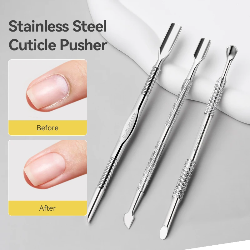 BORN PRETTY Dual-End Stainless Steel Cuticle Pusher Edge Trimmer Clean Nail Remover Manicure Grinding File Circle Beveled Tool