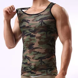 Men Undershirts Camouflage Printed Sexy Ultra-thin Sheer Sleeveless Shirts Quick Drying Fitness Camiseta Tank Tops Underwear 3XL