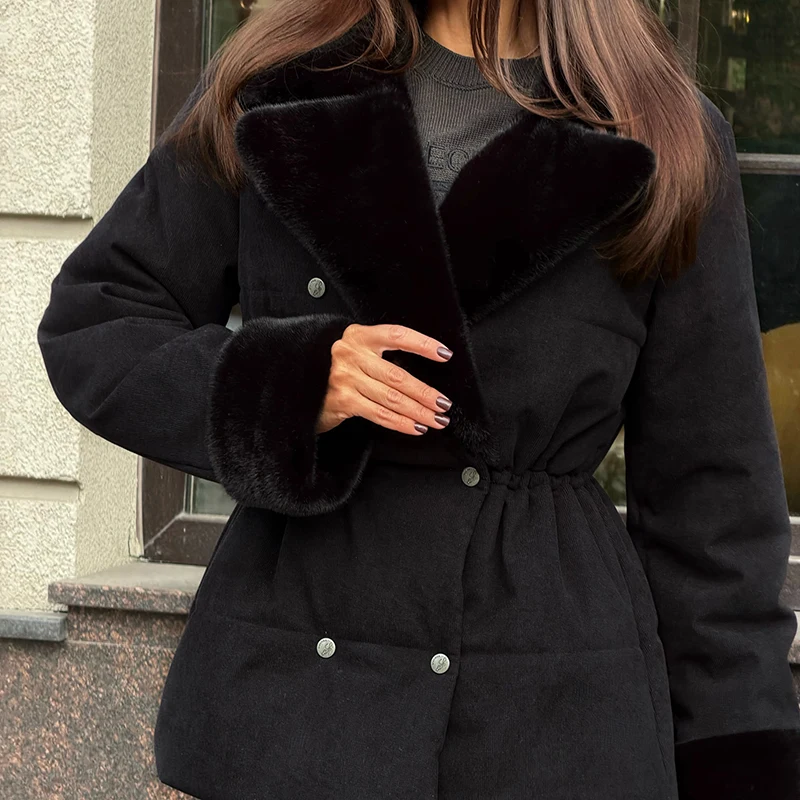 Casual Thicken Fur Patchwork Coats Women Full Sleeve Lapel Double Breasted Closed Waist Jackets Female 2026 Winter Lady Outwears